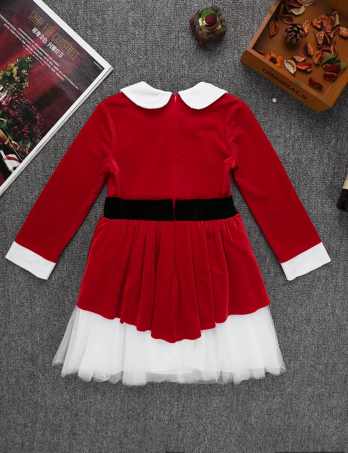 Рождественские платья красного цвета для девочек мягкий бархатный с длинными рукавами Сетчатое платье с поясом и шапочкой, комплект рождественского костюмированного платья Санта-Клауса