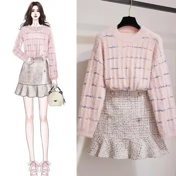 

New Autumn Winter Women 2020 2 Piece Set Female Plaid Long Sleeve Knitted Sweater+High Waist Tweed Mermaid Mini Skirt Suit N326