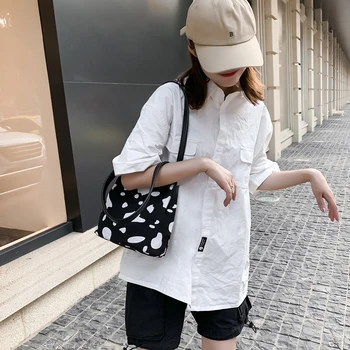 

Youth Ladies Simple Versatile Bag Fashion Canvas Handbag Women Cow Milk Pattern Totes Travel Bucket Shoulder Bag