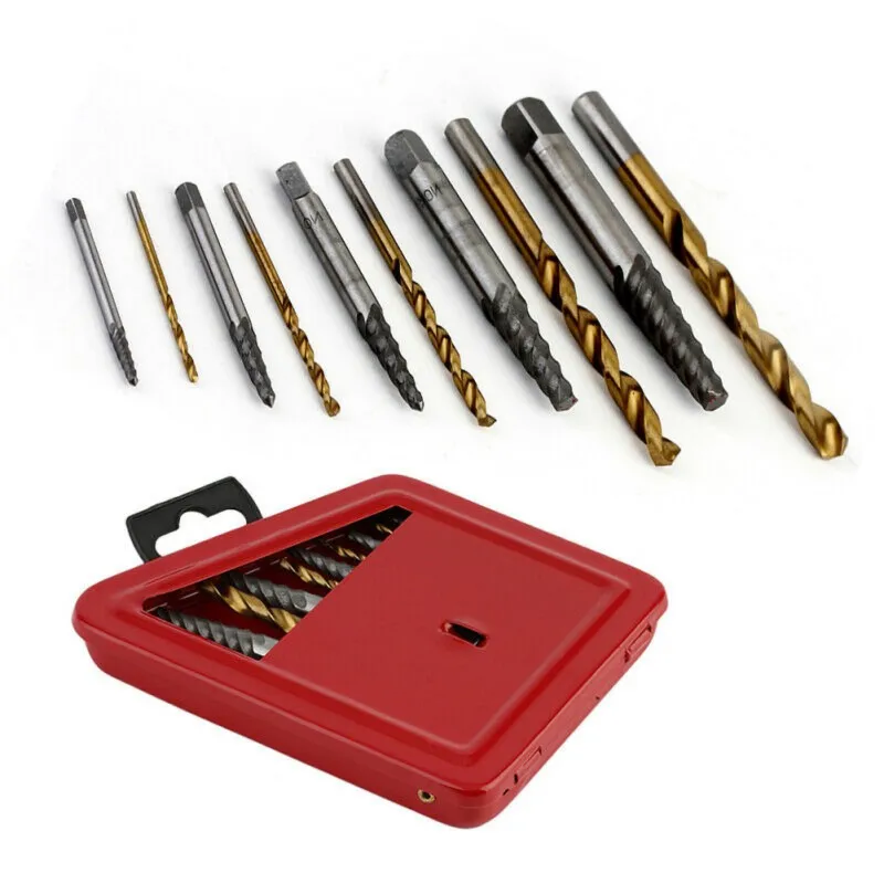 

10Pcs/Set Iron Box Inch Drill Extractor Set Screw Extractor Set Easy Out Broken Bolt Drill Extractor Combination Set