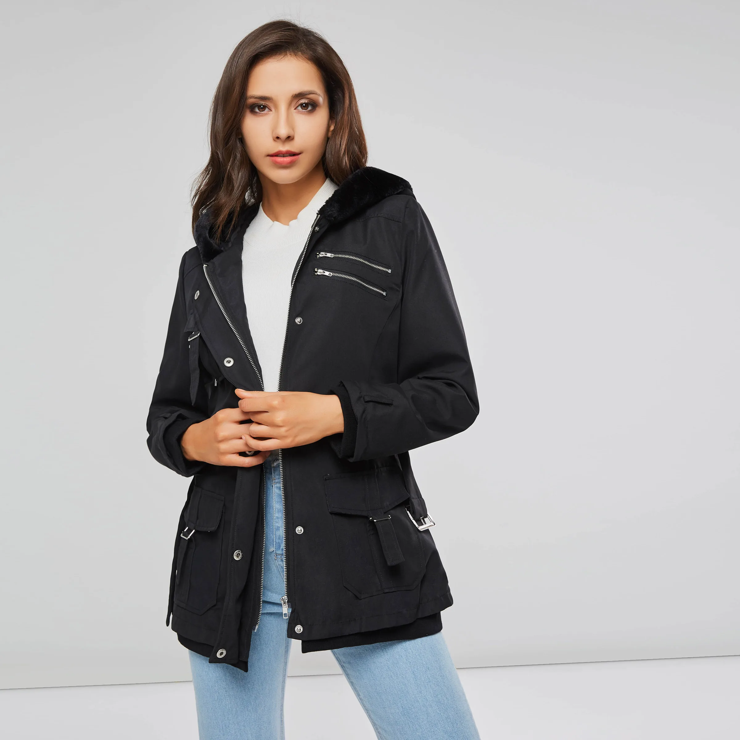Finest  2019 Cotton Women Jackets Goth Winter Warm OL Slim Coat Thin Hooded Zipper With Belt Coats Black Go