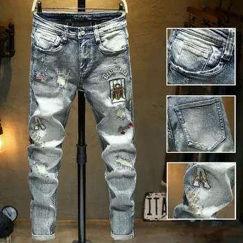 

Young Man Fashion Hole Embroidered Pencil Jeans Pants 2020 New Design Men's Fashion Silm Fit Appliques Denim Pants