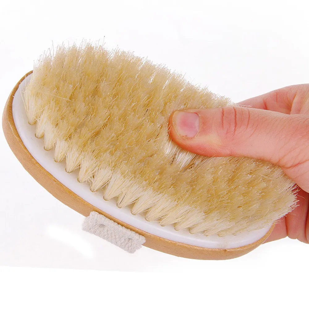Bath Body Brush Boar Bristles Exfoliating Body Massager with Long Wooden Handle for Dry Brushing and Shower