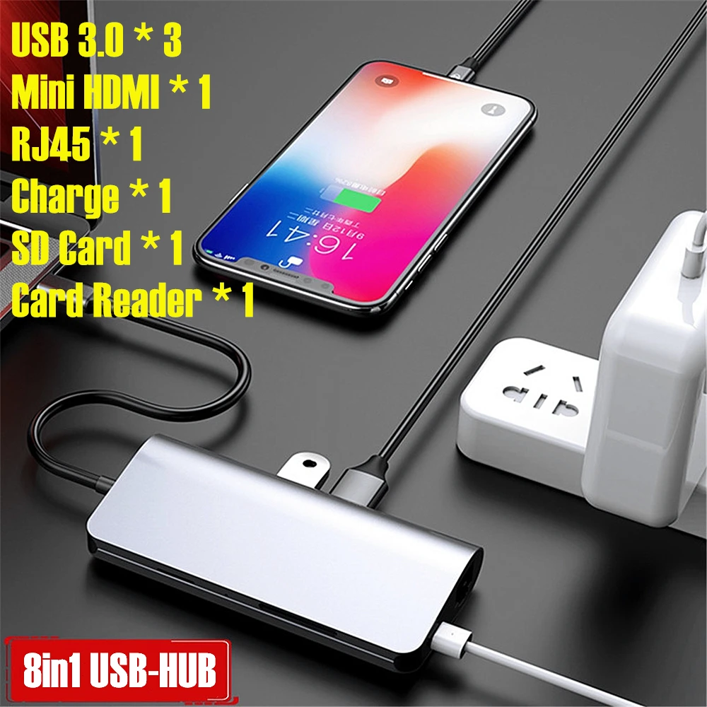 

KUU 8 in 1 USB HUB Type C Adapter to 4K HDMI 1000M Gigabit Ethernet USB 3.0 SD/TF Card Reader With PD Charging For Macbook Pro