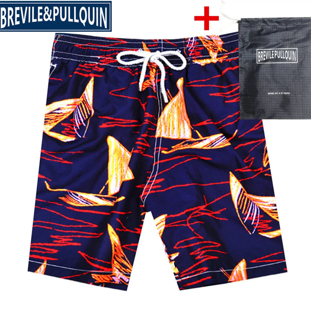 M Стиль, мужские Гавайские шорты, бермуды, бренд Brevile pullquin, пляжные шорты, мужские плавки с черепашками+ подарочная сумка - Цвет: M