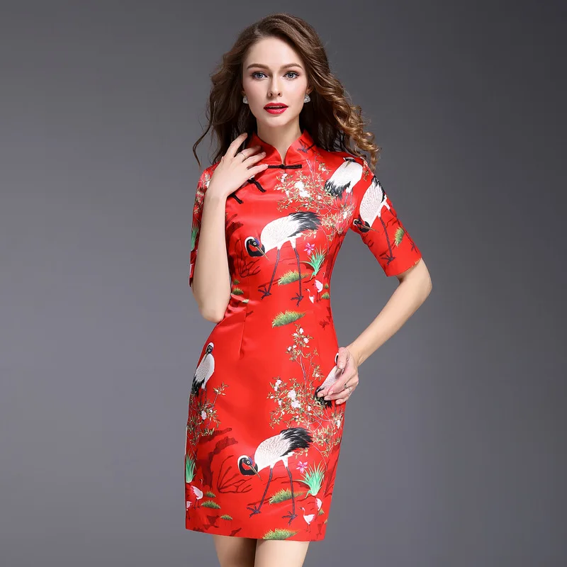 Новинка 2013,, платье в китайском стиле, cheongsam, летняя одежда, вечерние платья с принтом, красное XXL, элегантное тонкое женское платье-карандаш