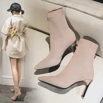 

Shoes women's autumn winter 2020 new sexy high-heeled socks boots pointed knitted thick heel women's boots elastic thin boots