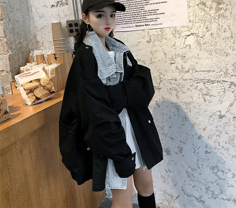 WHITNEY WANG Осенняя модная уличная джинсовая Лоскутная негабаритная куртка Женская стильная ветровка Свободная верхняя одежда