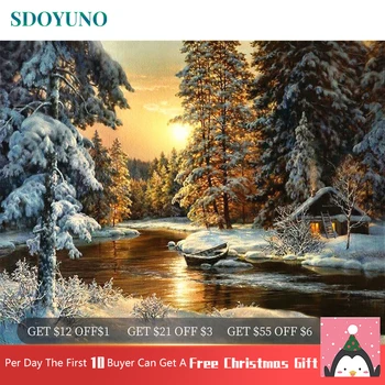 

SDOYUNO Sunset Snow View Cottage Painting By Numbers Winter DIY Framed Coloring by numbers Acrylic On Canvas For Unique Gift