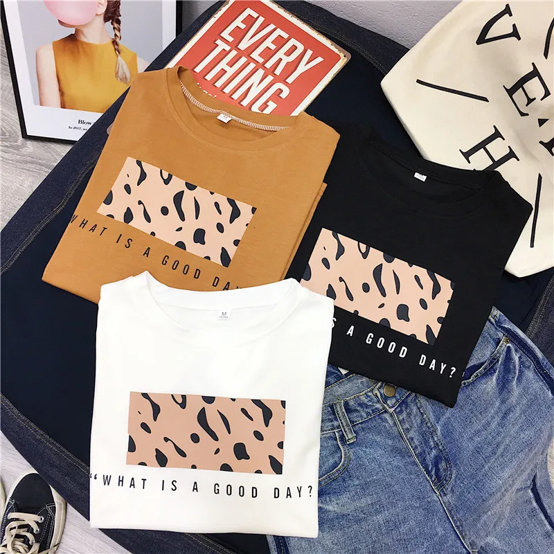 Женские футболки с леопардовым принтом DAYIFUN повседневные круглым вырезом и