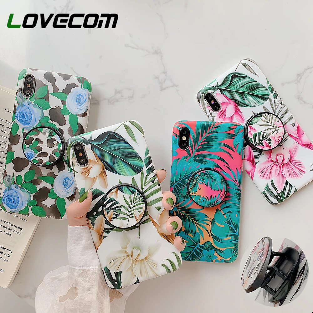 

LOVECOM Retro Flower Leaf Strech Holder Phone Case For iPhone 11 Pro Max XR XS XS Max 7 8 6 Plus Case Soft IMD Phone Back Cover