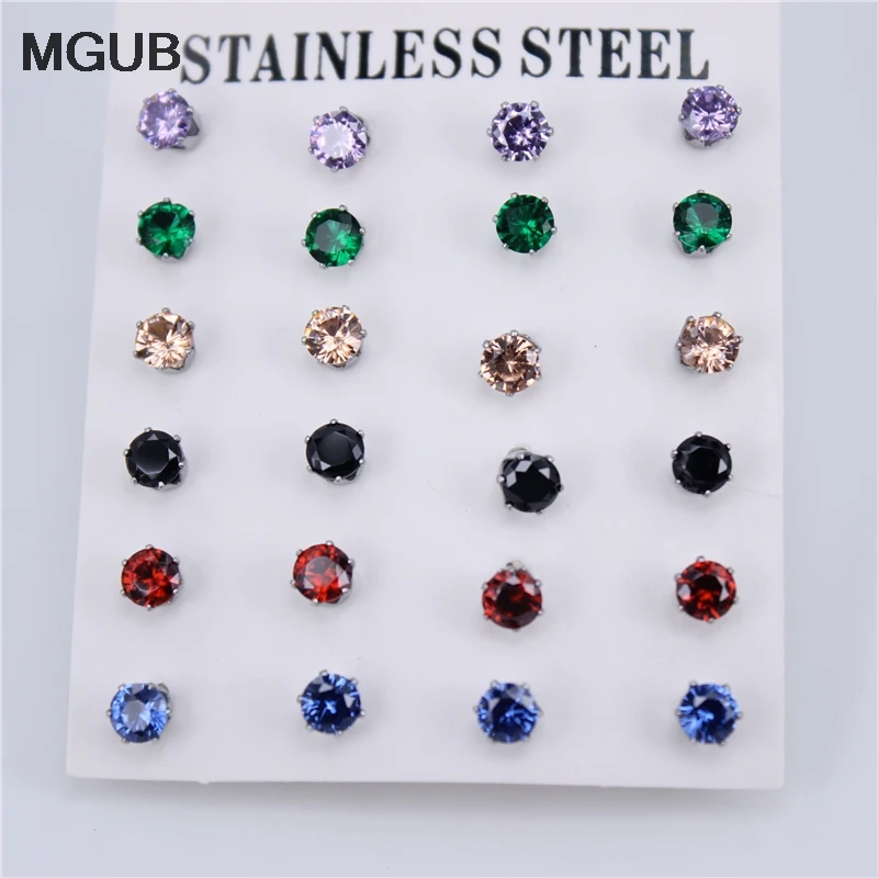 

Stainless Steel Jewelry 12 pairs/set multiple colour Diameter 3-6mm High quality Cubic Zirconia Stud Earrings for Women ZN29