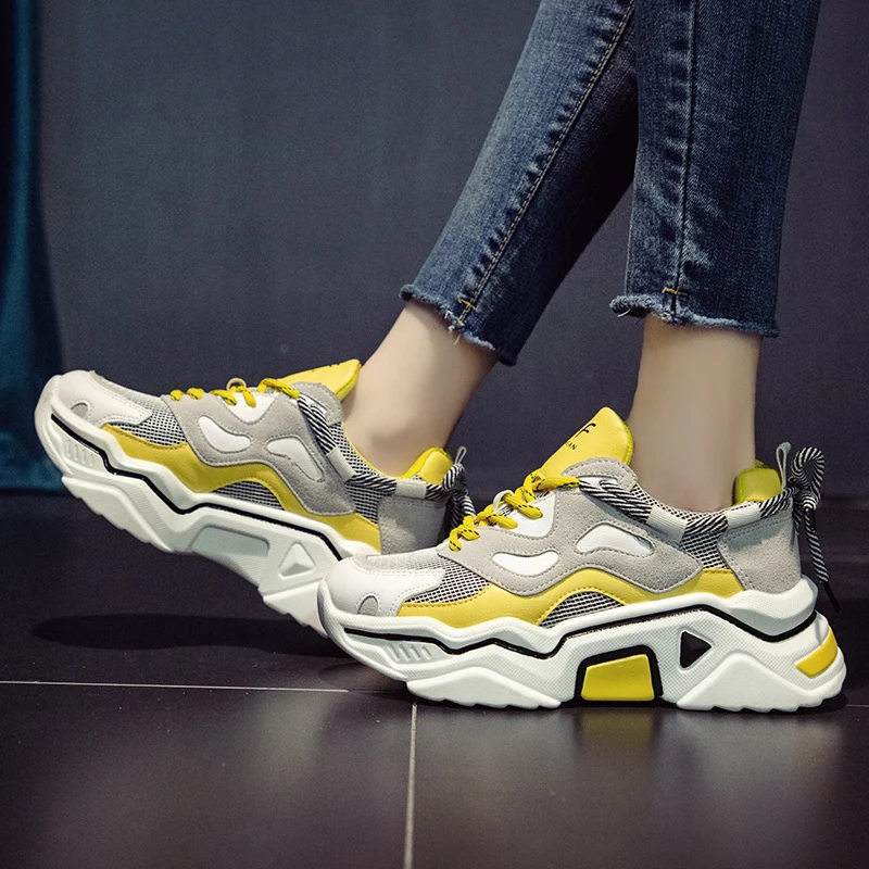 

New Women's Mixed Colors Wedge Platform Sneakers 2019 Autumn Retro Dad Shoes Chunky Sneakers Mesh Lace-up Sports Shoes
