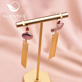 

XlentAg Natural Purple Baroque Pearls Drop Gold Tassel Earrings For Engagement Girls Women Boho Wedding Luxury Jewellery GE0925