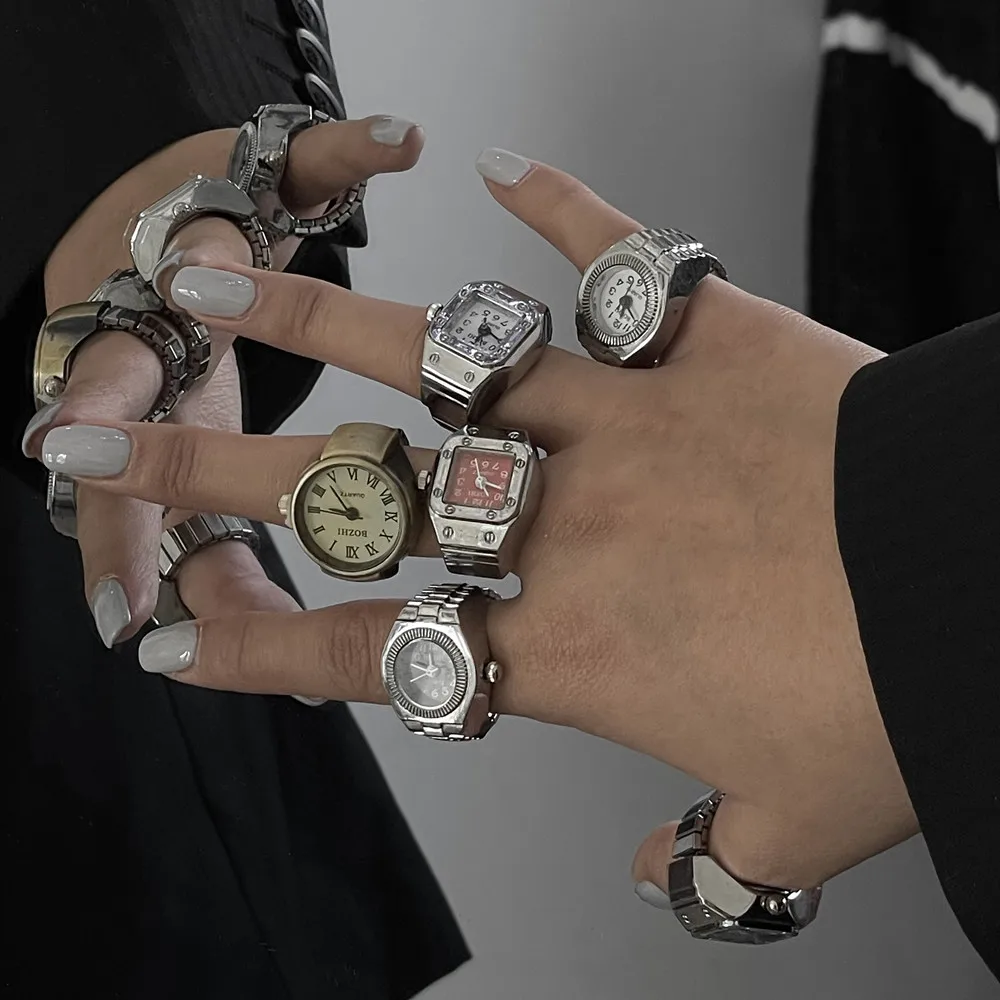 FFLACELL Vintage Punk Elastic Stretchy Quartz Finger Watch Ring Couples Rings for Women Man Hip-hop Couple Accessories