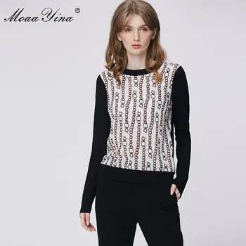 

MoaaYina Fashion Spring Autumn Long sleeve Knitting Tops Women's Elegant Stripe Print Silk Wool Black Sweater Pullovers