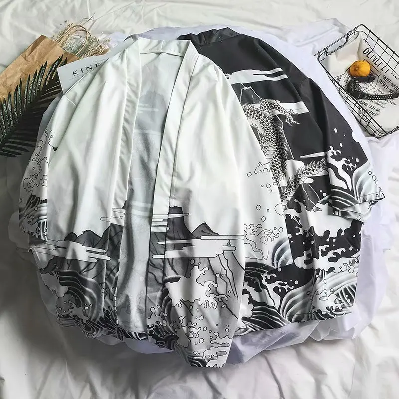 Мужское летнее черное кимоно, тонкая куртка в японском стиле, 3/5 рукав, с принтом дракона, кардиган, куртки, Мужское пальто, Ретро стиль, открытая стежка, верхняя одежда