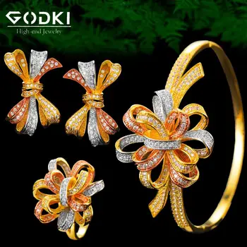 

GODKI Luxury 3pcs Bowknot EARRING Bangle Ring Sets For Women Wedding Cubic Zircon Crystal Engagement DUBAI Bridal Jewelry Sets