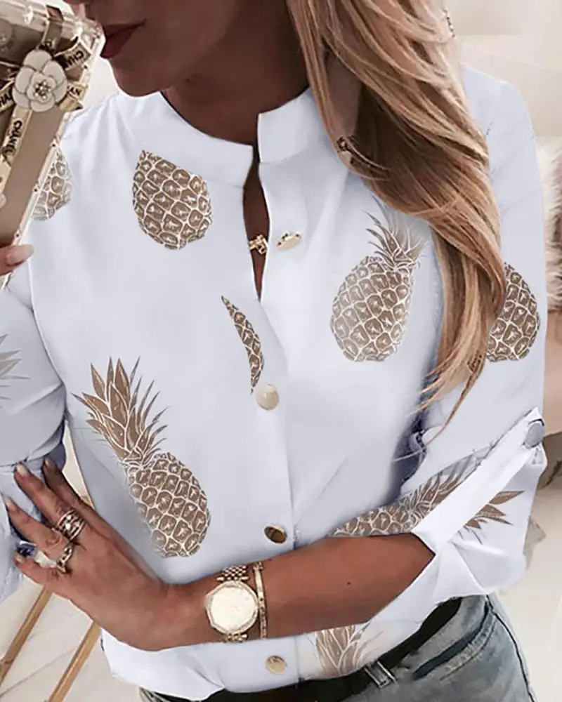 Женская блузка с принтом ананаса, осень, белая блузка с длинным рукавом, элегантные женские топы с золотыми пуговицами размера плюс, женская одежда