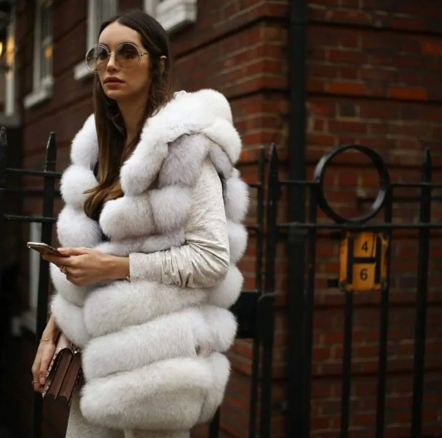 Теплое утепленное Современное пальто с натуральным мехом Highstreet, женское тонкое пальто для работы, женские пальто с капюшоном, модный роскошный Однотонный женский жилет - Цвет: Белый