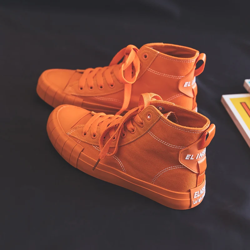 

Women Sneakers 2019 Spring New Girls Orange Shoes Canvas High Top Black Lace Up Lady Fashion Casual Shoes Solid Color 35-40