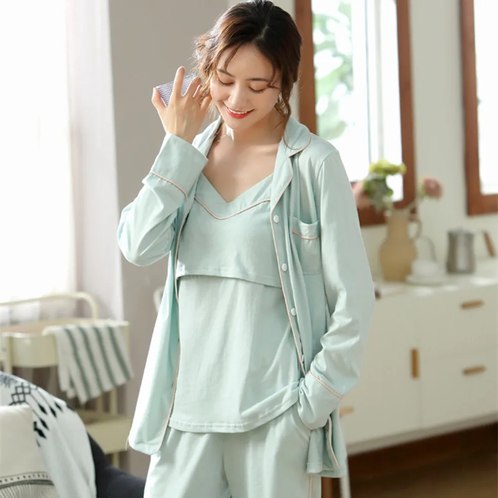 Cotton Pajama Set Maternity Nightgown Set 3 Pieces Pregnant Women Spring Summer Nursing Pajamas