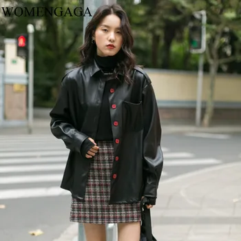 

Korea Black Faux Leather Jacket Women Pu Leather Coat Plus Size Red Button Up Long Leather Coat Collar Jacket 2020 Autumn A03G