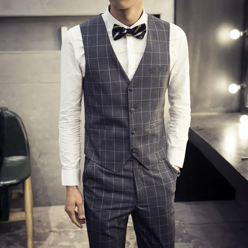 Весенний костюм жилет мужской японский стиль модный приталенный корейский стиль Клетчатый жилет свадебный жилет