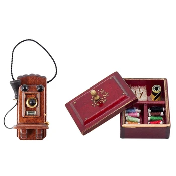

1:12 Miniature Vintage Sewing Box with Lid Winered & 1:12 Miniature Antique Wall Mount Phone Dollhouse Decoration