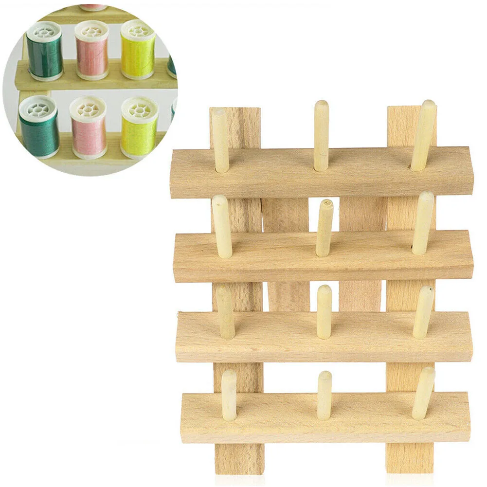 

12 Axis Sewing Organizer Supplies Thread Rack Handmade For Tailors Spool Storage Rope Holder Stand Space Saving Wooden DIY Home