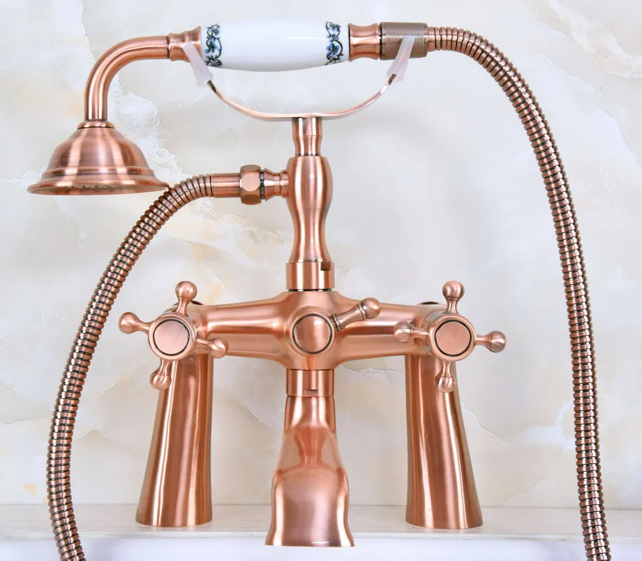 

Antique Red Copper Deck Mounted Bathroom Tub Faucet Dual Cross Handles Telephone Style Hand Shower Clawfoot Tub Filler ana161