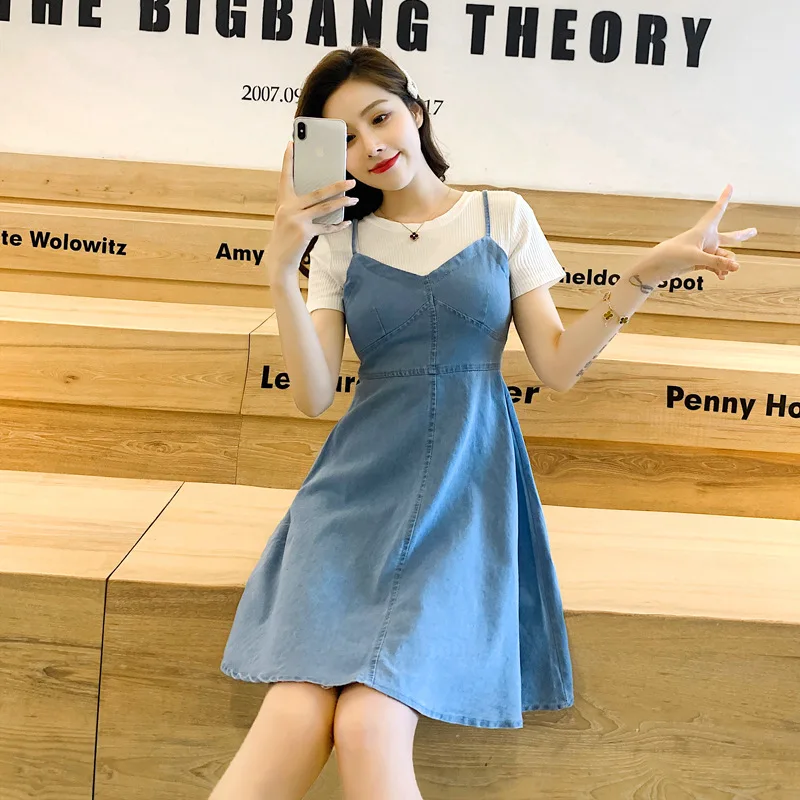 

Short-height Cowboy Strapped Dress Women's 2019 New Style Summer Wear Fake Two-Piece Joint Short Sleeve T-shirt Skirt