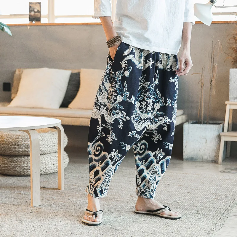 

Southeast Asia Electricity Supplier 2018 Chinese-style Flower Pants Loose-Fit Wide-Leg Trousers Men's Loose And Plus-sized