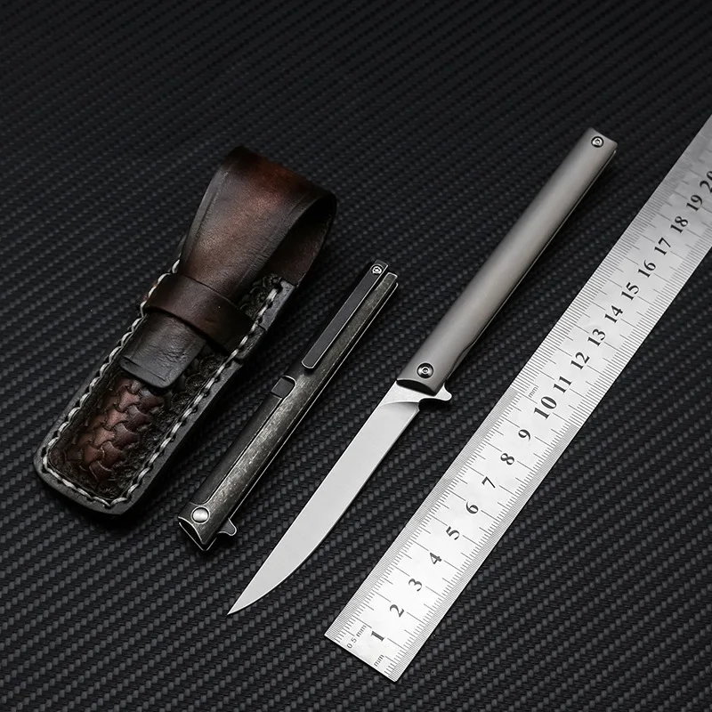Online Swayboo Stift Messer Klapp Titan Legierung 60HRC Härte M390 Stahl D2 Stahl Outdoor Tragbare EDC Obst Cutter Leder Holster