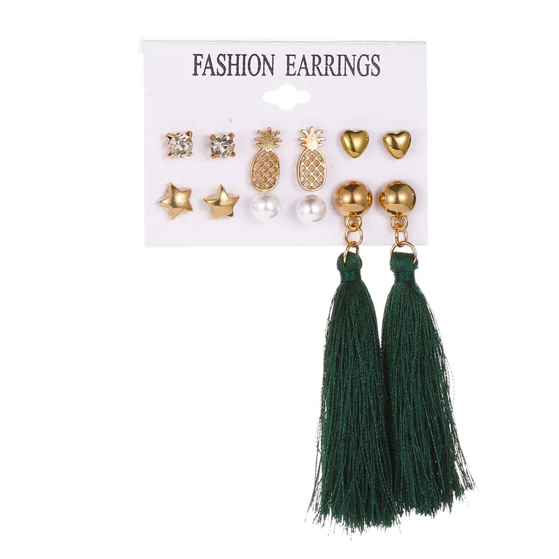

6 Piece Combination Tassel Drop Big Set Female Temperament Love Five-pointed Star Pineapple Womens Fashion Earrings