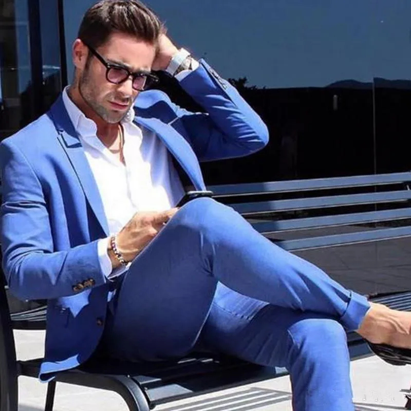 149Summer Beach Blue Men Suits Wedding Suits For Man Business Suits Casual Skinny Custom Made Tuxedo 2 Piece Blazer Prom (Jacket+Pants)