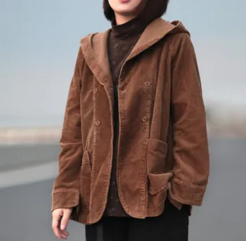 

2020 Spring Autumn Womens Loose Hooded Jacket Women Corduroy Jackets Short Coats Female Vintage Outerwear Women Cropped Jacket