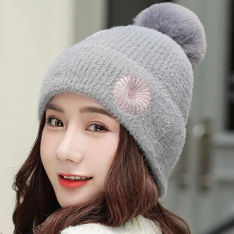 Шапка бини женская зимняя Осенняя мягкая шапка Skullies Beanies шапка с вышивкой вязаные кроличьи волосы модные женские шлепки теплые шапки