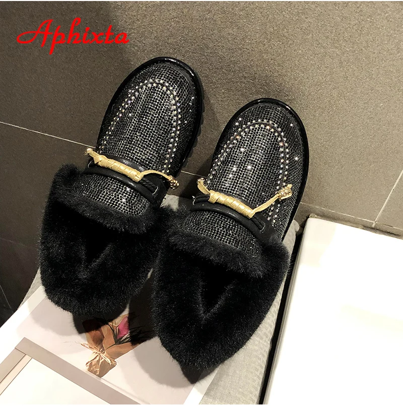 Aphixta/Роскошные теплые зимние ботинки с украшением в виде кристаллов; женская обувь на плоской подошве; разноцветные стразы, бриллианты; зимняя женская обувь на плюшевом меху