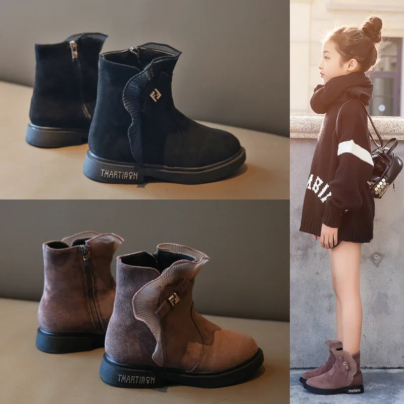 Genuine Leather Kids Martin Boots Princess Lace Trim Boots Girl Snow Shoes Warm Fur Children Ankle Boots Toddler Winter Girl