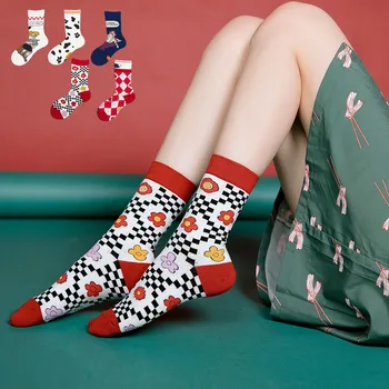 

Harajuku Women's Socks Spot Funny Cute Black White Plaid Red Flower Kawaii Harajuku Accessories Little Girl Socks Lovely New