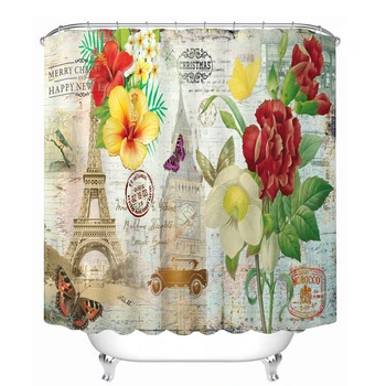 

3d Shower Curtains Eiffel Tower Stamps Pattern Waterproof Bathroom Curtains Thickened Fabrics Bath Curtain Customizable