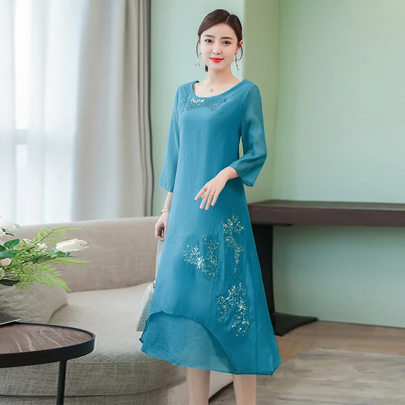 

2019 Spring And Summer New Style Women's Loose-Fit Explicit Thin Long over-the-Knee-Style Elegant Retro Embroidered Top Grade Dr