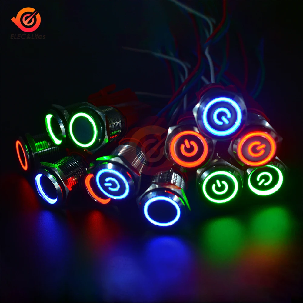 

16mm Self-reset Metal Push Button Switch AC 250V 5A with LED Red/Blue/Green Flat round 220V power button switch for Car Auto