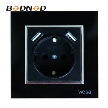 

New Design Double USB Wall One Socket Ground 5V 2A Black Tempered Glass Frame FB-19 Wall USB Socket Hot European Standard