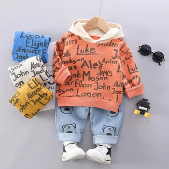 

Autumn Children Kids Long Sleeve Hooded Letter Print Hoodies + Casual Jeans Denim Trousers Baby Boys Clothing Sets 2Pcs Suits