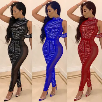 

Explosion Women's Stand-up Collar Perspective Mesh Stitching Sexy Hot Diamond Jumpsuit