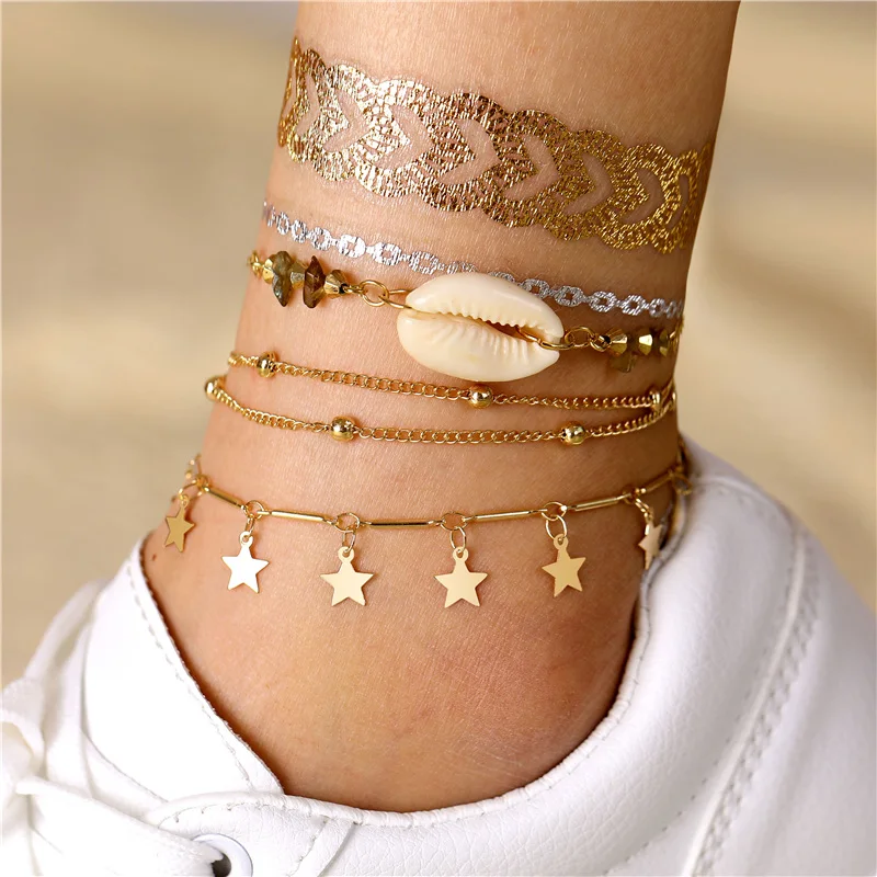 

Multilayer Star Tassel Pendant Anklets 2019 For Women Bohemian Stone Beads Shell Anklet Bracelets On Leg Summer Beach Foot Chain