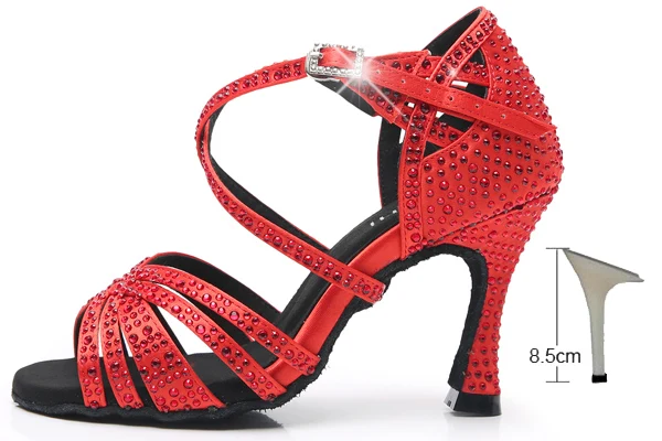 DILEECHI/женские вечерние туфли для танцев; Атласная блестящая обувь со стразами на мягкой подошве для латиноамериканских танцев; женская танцевальная обувь для сальсы; Красный Каблук 9 см - Цвет: red heel 85mm