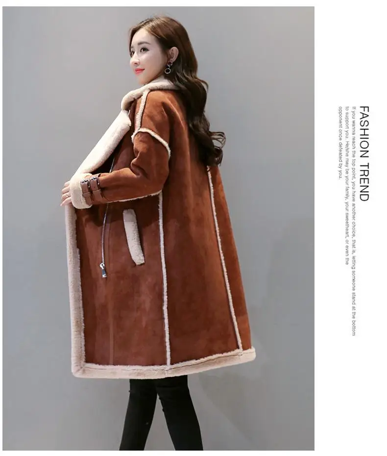 Женское зимнее замшевое меховое кожаное пальто, модная Толстая длинная куртка из искусственной овчины, пальто для женщин, однотонная Повседневная теплая верхняя одежда H92